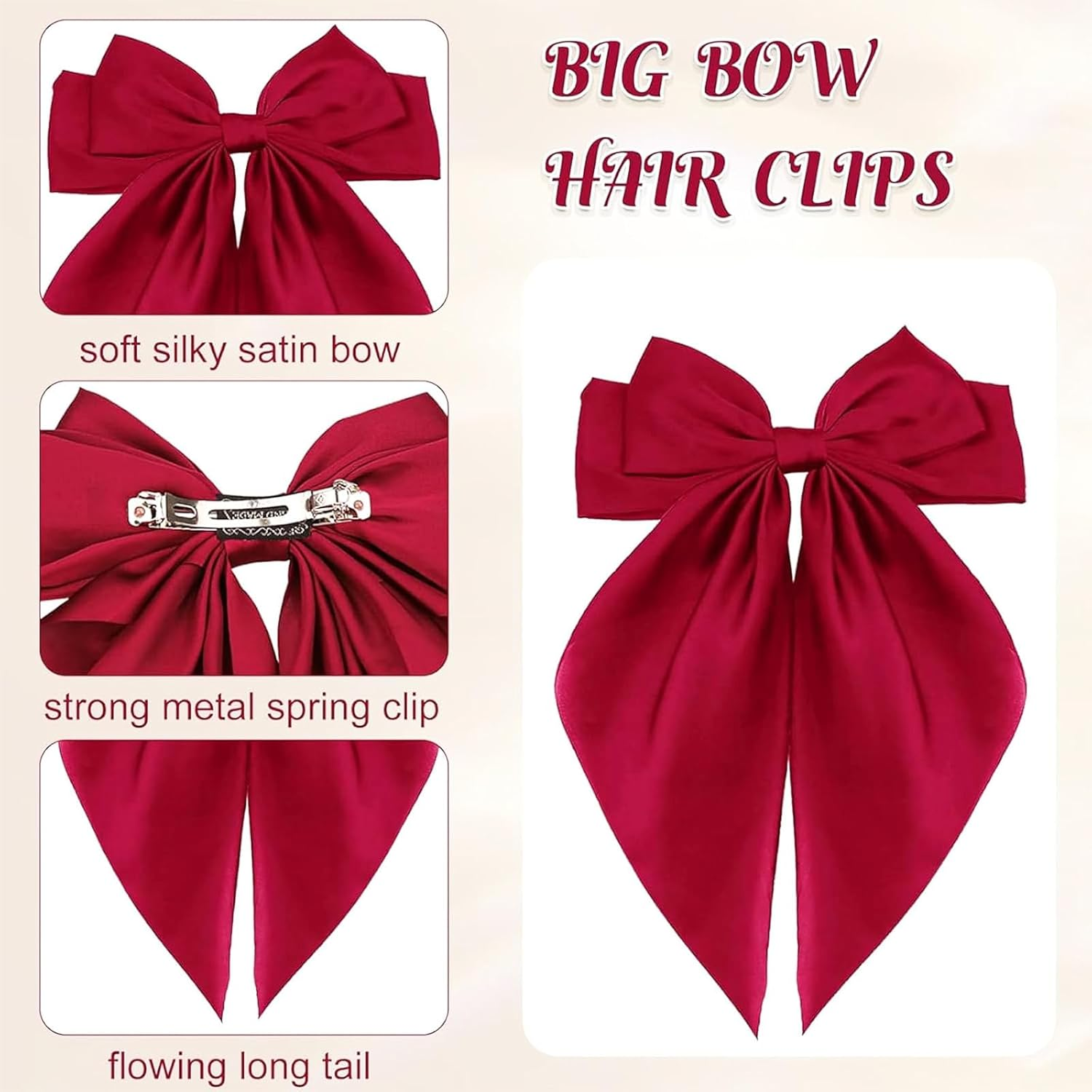 Bow Hair Clips Solid Color Bow French Automatic Hair Clip with Long Silky Satin Tail Large Bows for Simple Women Girls Barrettes Hair Fastener Accessorie (White-Dark Blue, 2) - Dark Green-Dark Blue image number 7