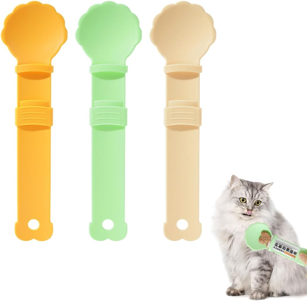 Zayookey 4Pcs Cat Strip Feeders Set,Cat Wet Treat Spoon Squeeze,Spatula Pet Can Opener,Multifunctional Flower Shape Cat Food Dispenser Sliding Happy Spoon for Cats