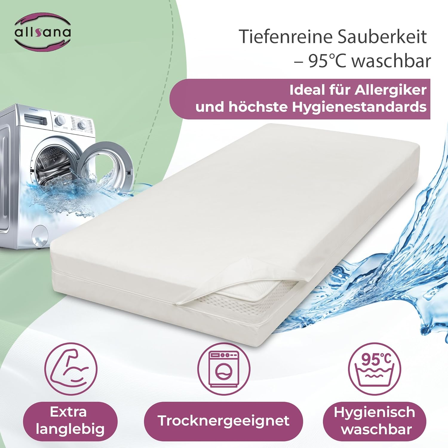Allsana Allergy Sufferers Mattress Cover 140 X 220 X 24 Cm | Allergy Bed Linen | anti Mite Encasing | Mite Protection for House Dust Allergy Sufferers | Allergy-Proof Intermediate Cover for The image number 5