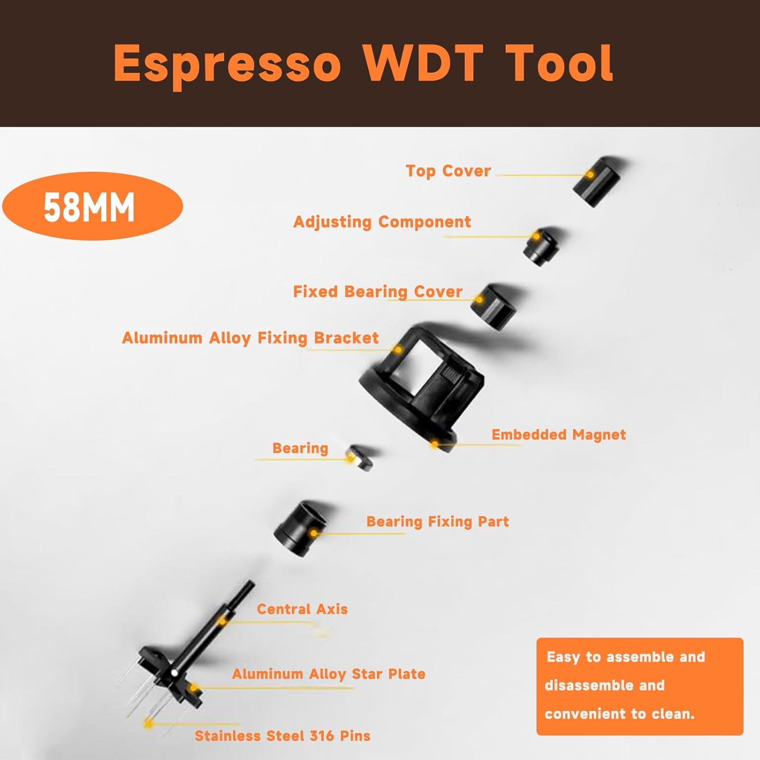 58Mm WDT Tool ，Espresso Stirrer Distribution Tool,Compatible with E61, Flair 58, ECM Etc.Portafilter 58Mm,Adjustable Height,With Magnetic Suction image number 4