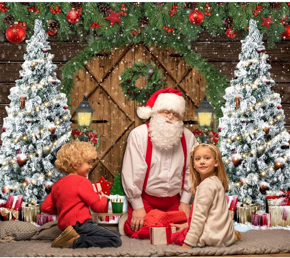 Christmas Backdrop 10X8Ft Wood Barn Winter Christmas Photo Backdrop for Photography Wooden Door Christmas Tree Gifts Snowy Background Kids Adults Family Christmas Eve Party Decoration Props - Nky05219 image number 4