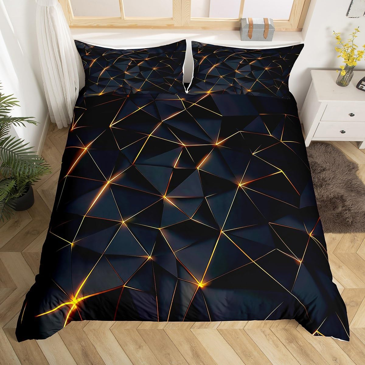 Homemissing Honeycomb Bed Set Geometric Stereoscopic Theme Boys Bedding Set 135 X 200 Cm Geometry Adult Bedroom Decoration 3D Black Gold Print Duvet Cover Set All Season