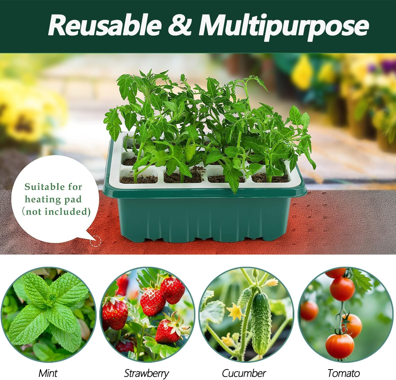 Seed Starter Tray, 12 Cells Indoor Seed Starter Kit, Reusable Flexible Silicone Designed Seedling Starter Trays, 4In Height Germination Tray with Humidity Dome & Lids image number 1