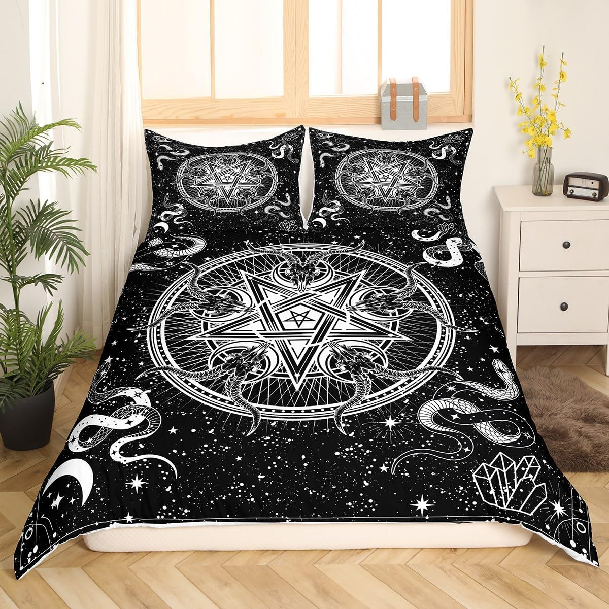 Bull Skull Black White Duvet Cover Set L Size, Sun Moon Starry Sky Bedding Set, Gothic Stars Snake Diamond Comforter Cover Children Girls Boys Room Decor Exotic Boho Quilt Cover