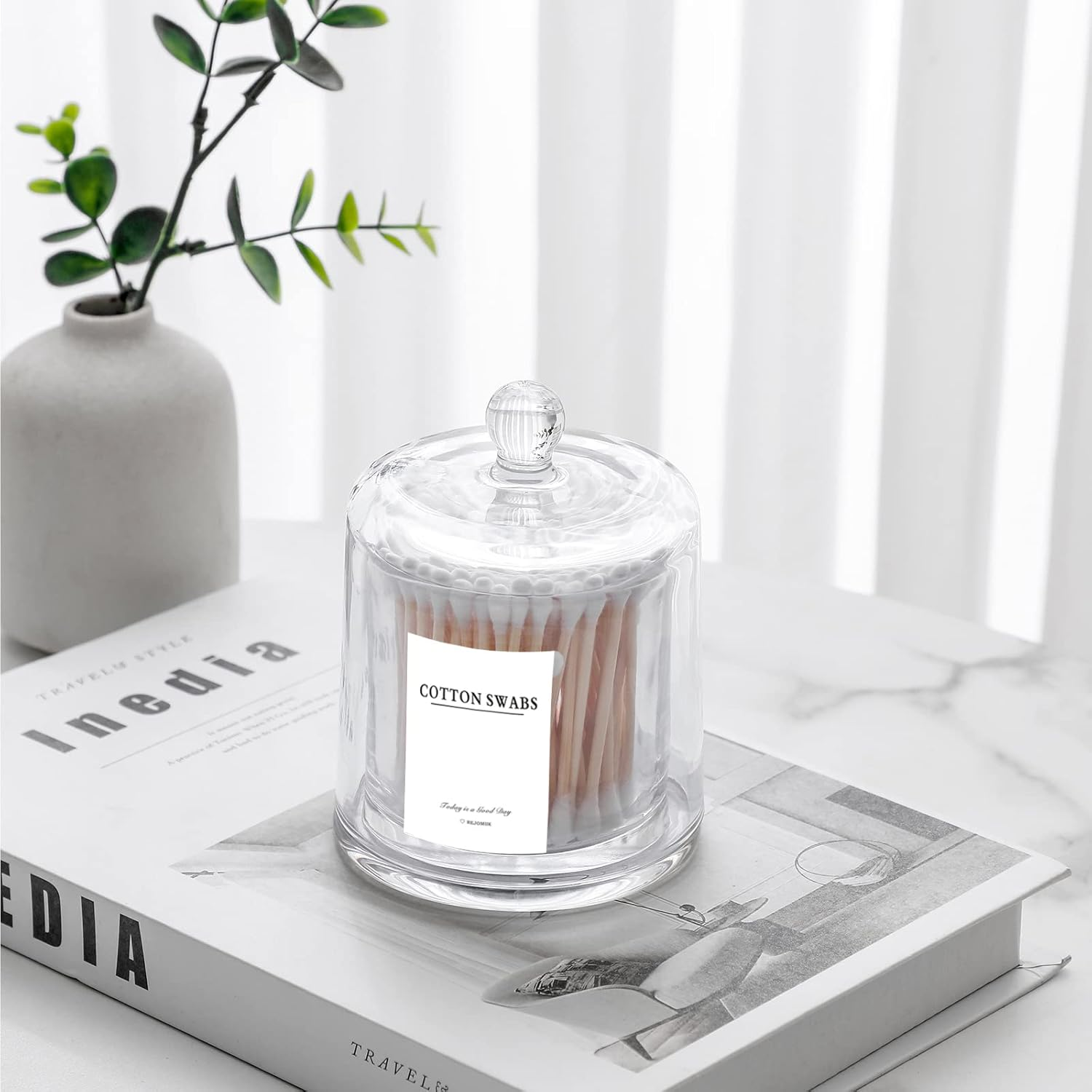 Rejomiik 2 Pack Qtip Holder Thick Glass Apothecary Jars with Lid for Bathroom Accessories Vanity Organizers and Makeup Storage for Cotton Ball, Swabs, Makeup Sponges, Candy, Jewelry, Clear - White image number 4