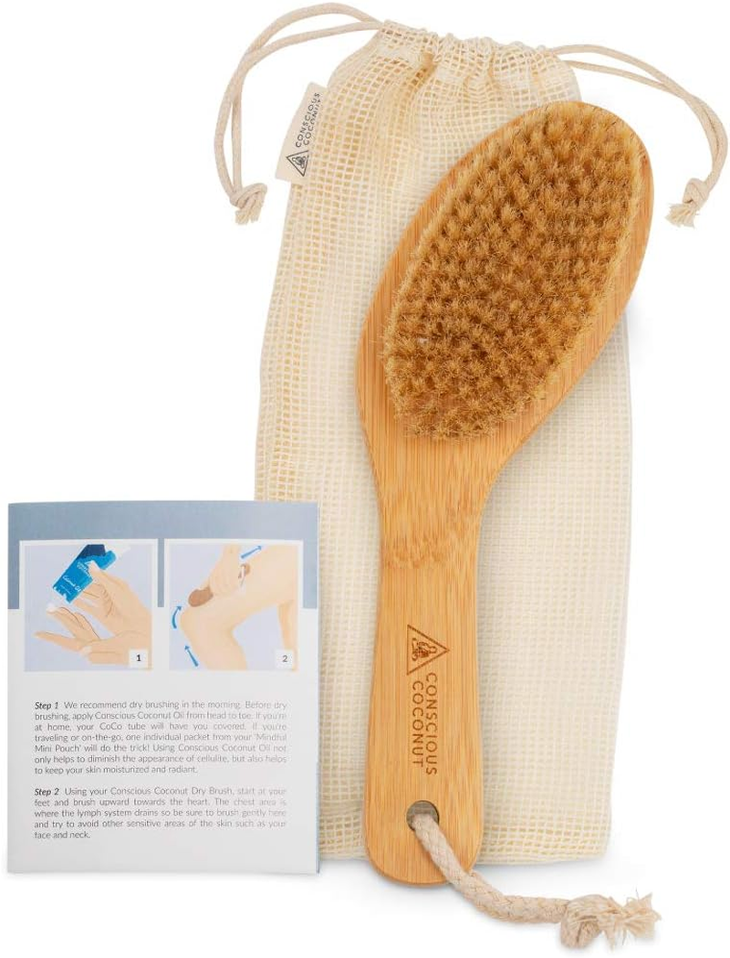 Conscious Coconut Dry Brush - Sustainable Bamboo Body Scrub Brush with Travel Bag and How-To Dry Brush Guide for Skin Care, Great Gift for Self Care, Exfoliating, Cellulite, Dry Skin - image number 1