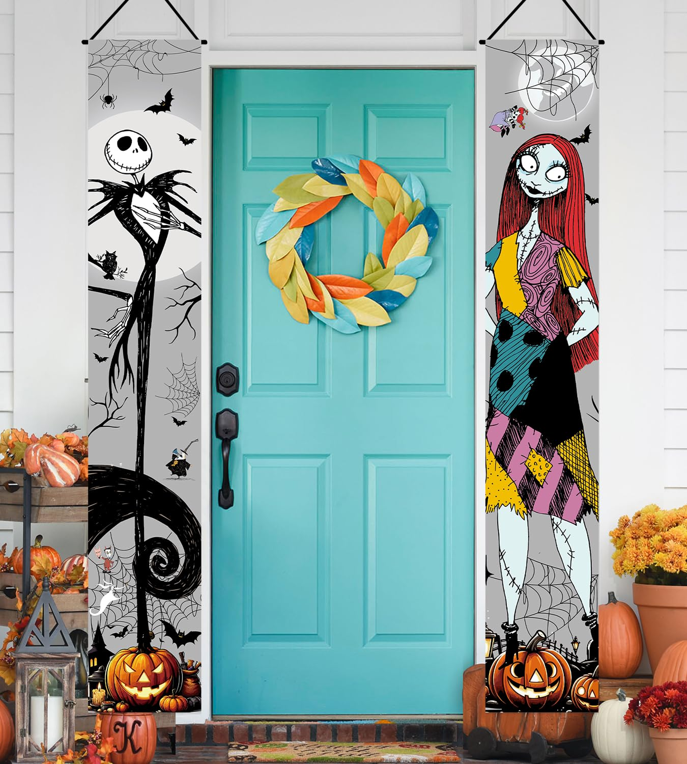 Jack Skellington Sally Banner Nightmare before Christmas Halloween Decorations Porch Door Sign Welcome Banner Indoor Outdoor Wall Home Party Supplies image number 2