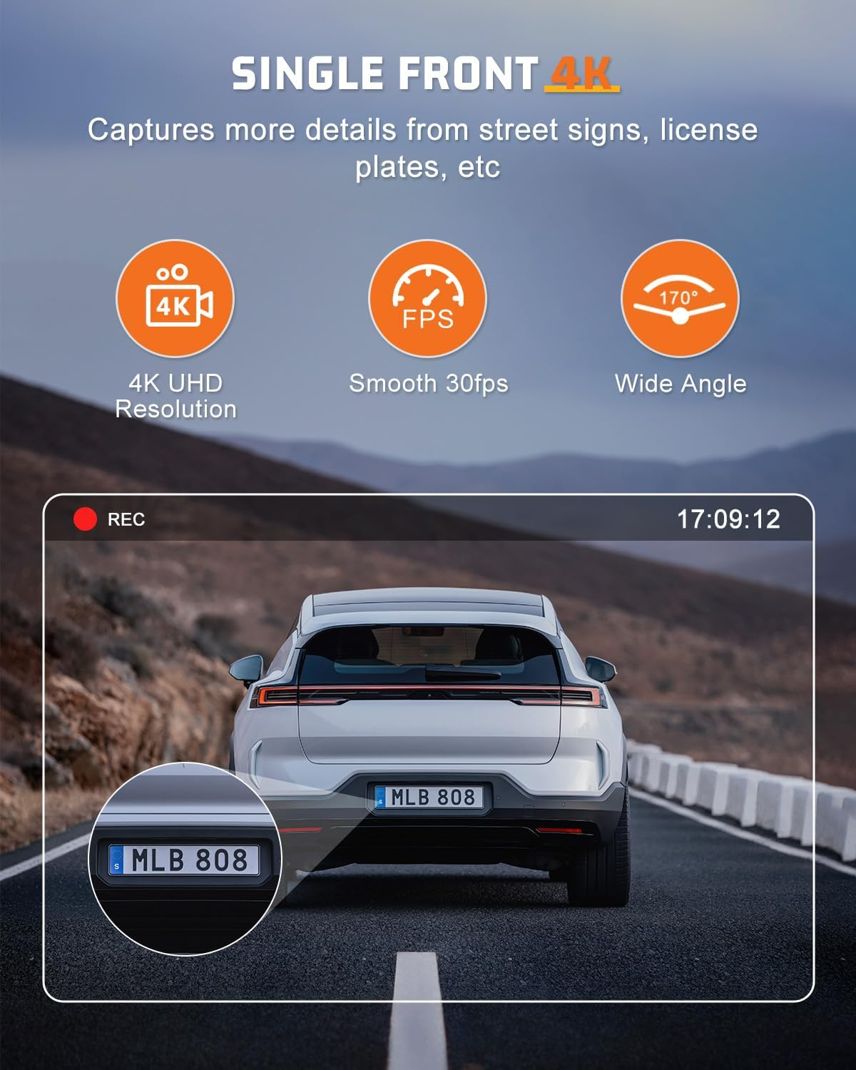 Dash Cam Front and Rear 4K+1080P, Dash Cam Inserted 64GB SD Card, Built-In Wifi, Super Night Vision, 24H Parking Mode, G-Sensor, Loop Recording, Time-Lapse, WDR, 170&deg;/140&deg;, F1.8 Aperture, 4-Layer Lens - Grey image number 6