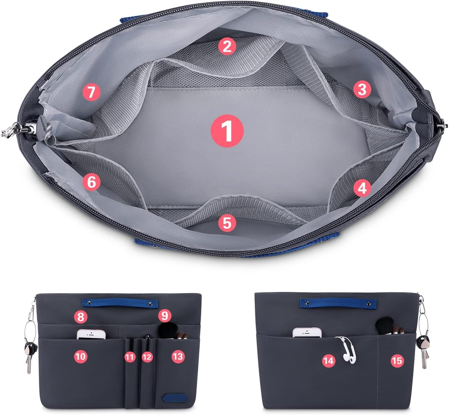 Purse Organizer Insert with Zipped Top for Tote Bag, Handbag Shaper with 13 Pockets Black M image number 2