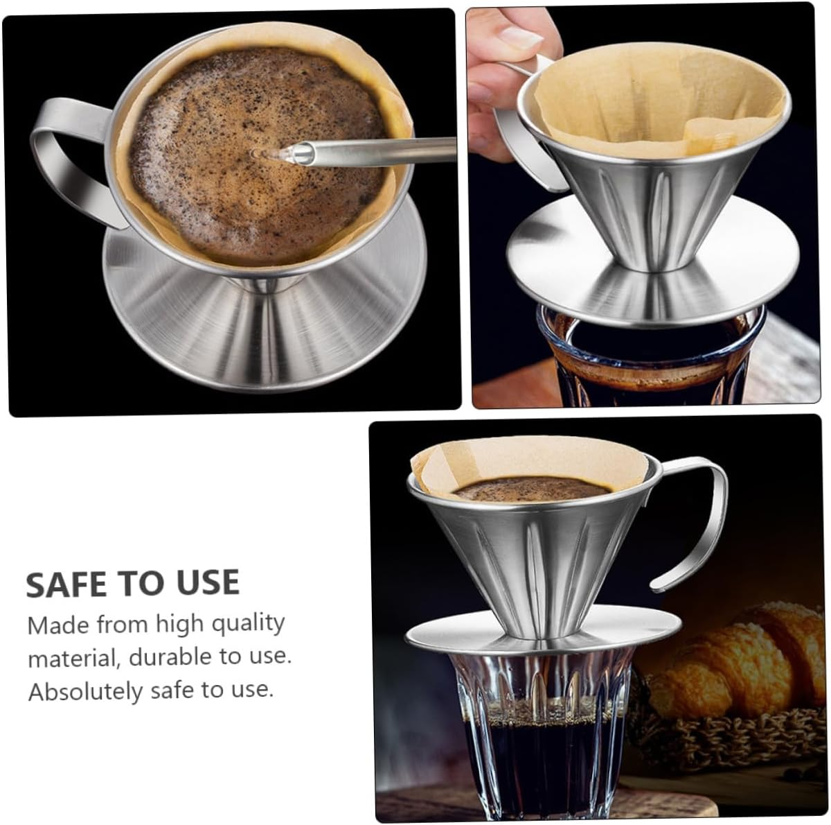 TOBBOMEY Stainless Steel Coffee Filter Coffee Strainer with Handle and Base Tea Making Tool Reusable Drip Filter for Brewing image number 2