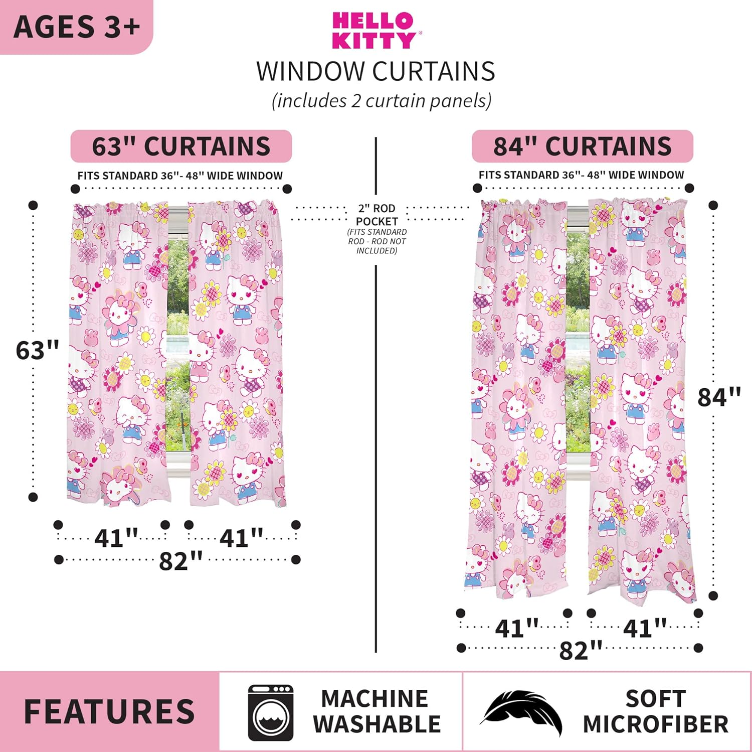 Franco Kids Room Window Curtains Drapes Set, 82 in X 84 In, Hello Kitty image number 7