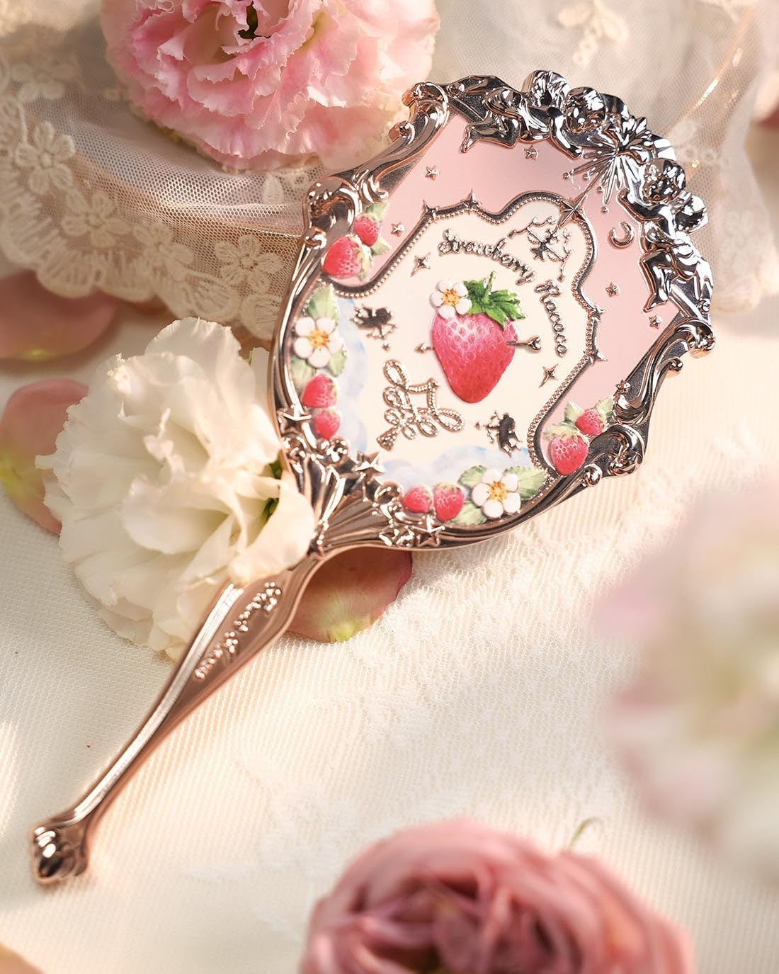 Flower Knows Strawberry Rococo Handheld Mirror, Soft Pink, Gold Frame, 8.6L X 3.9W Inches, Tabletop Mount, Aesthetic Princess Mirror, Perfect for Touch-Ups and Travel image number 7