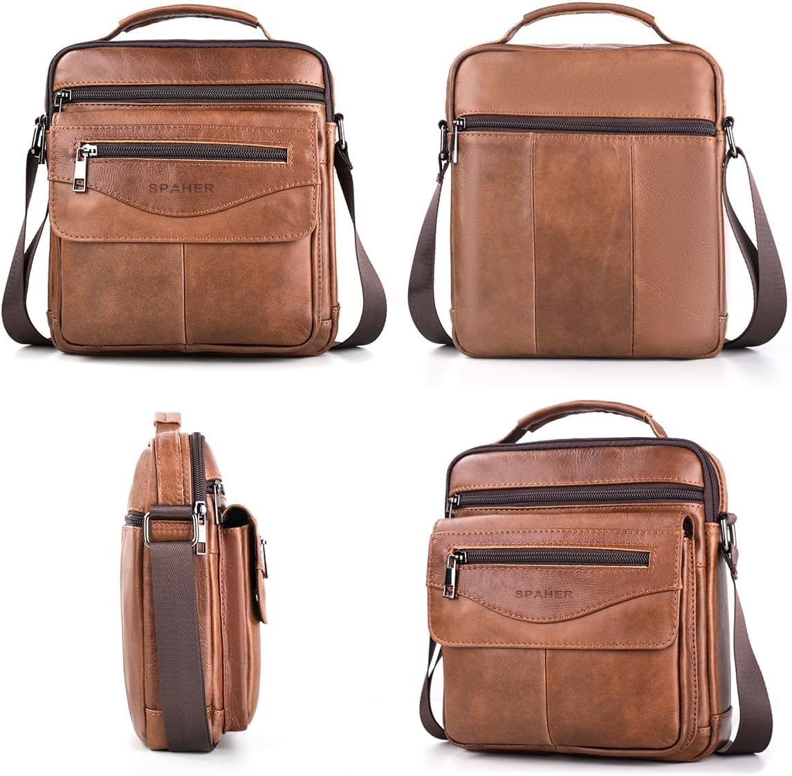 SPAHER Men'S Leather Handbag Shoulder Sling Crossbody Messenger Business Waterproof Travel Daily Bag with Adjustable Strap for Ipad 11 Inch - Deep Brown image number 4
