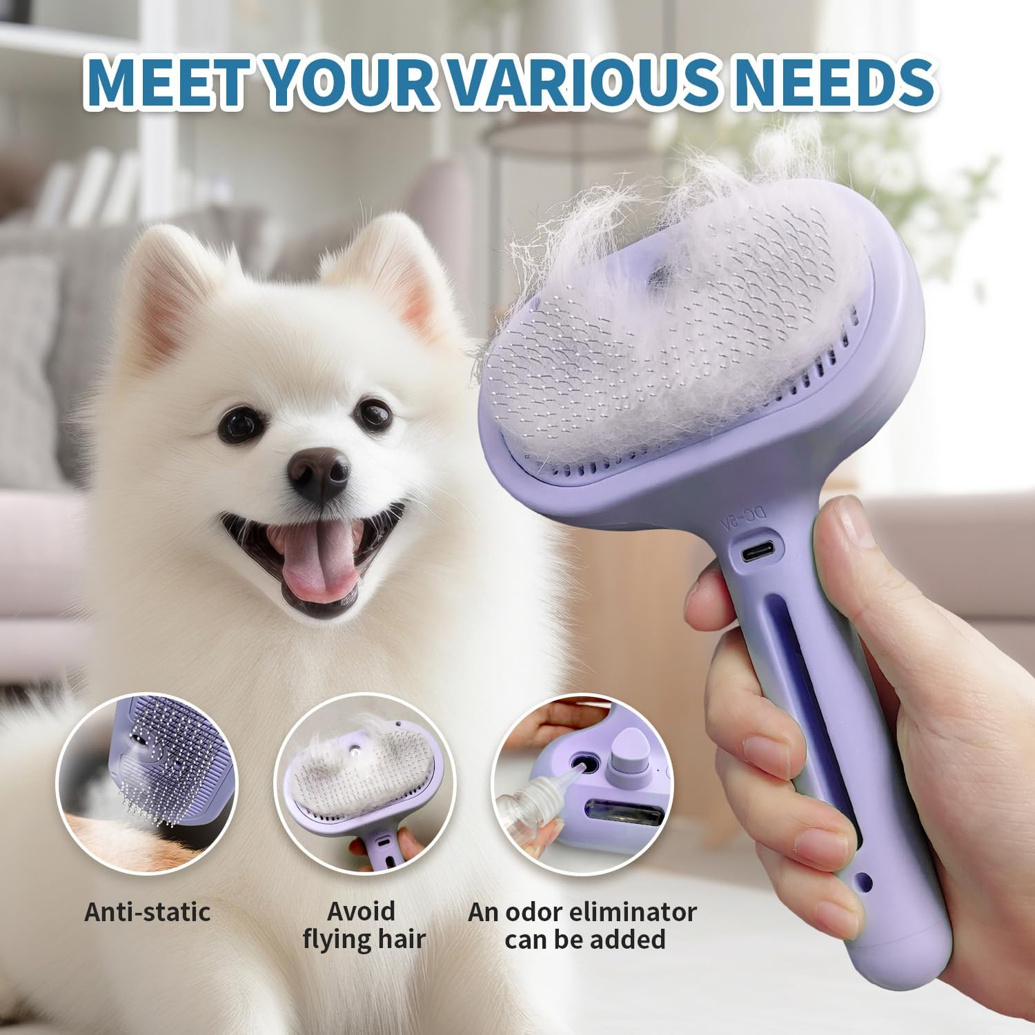 Herokitty Spray Cat Brush for Shedding, Steamy Cats Brush Remove Static Flying Hair Self Cleaning Dogs Brush for Long and Short Hair Pets Grooming Brush Remove Tangled and Loose Hair (Purple) image number 6