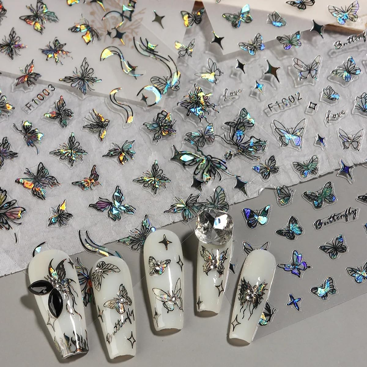 8 Sheet Black White Butterfly Nail Art Stickers 3D Butterflies Nail Decals for Women 3D Holographic Laser Butterfly Sparkly for Nail Designs Butterfly French Glitter DIY Nail Charm Manicure Decoration image number 4