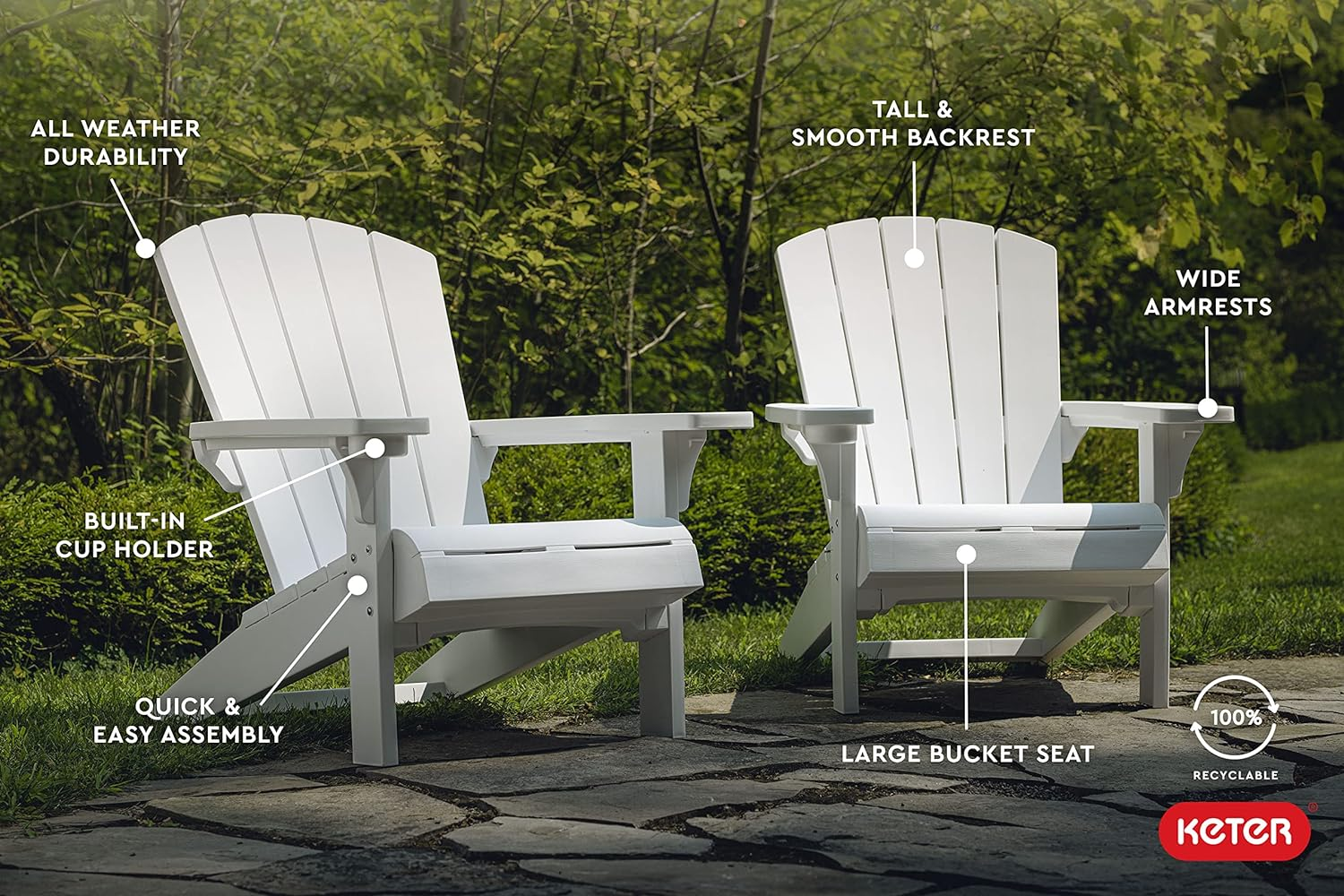 Keter Alpine Adirondack 2 Pack Resin Outdoor Furniture Patio Chairs with Cup Holder Perfect for Beach, Pool, and Fire Pit Seating, White image number 6