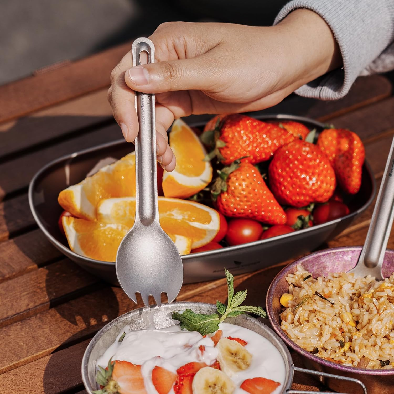 Boundless Voyage Titanium Cutlery Set Reusable Spork Set 2 Packed Lightweight Camping Tableware Outdoor Flatware with Storage Bag Ti1037T image number 4