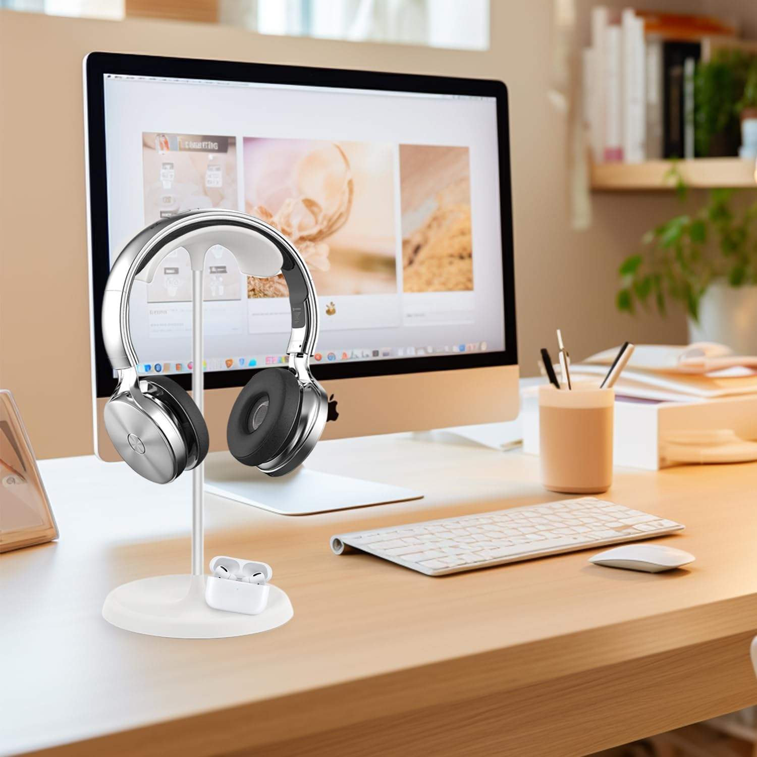 Headphone Stand,Aluminum Headset Stand,Curved Headset Stand with Storage Tray,Heavy Base Gaming Headset Holder,Sturdy Desk Headset Mount Rack for All Headphone Sizes (White) image number 6