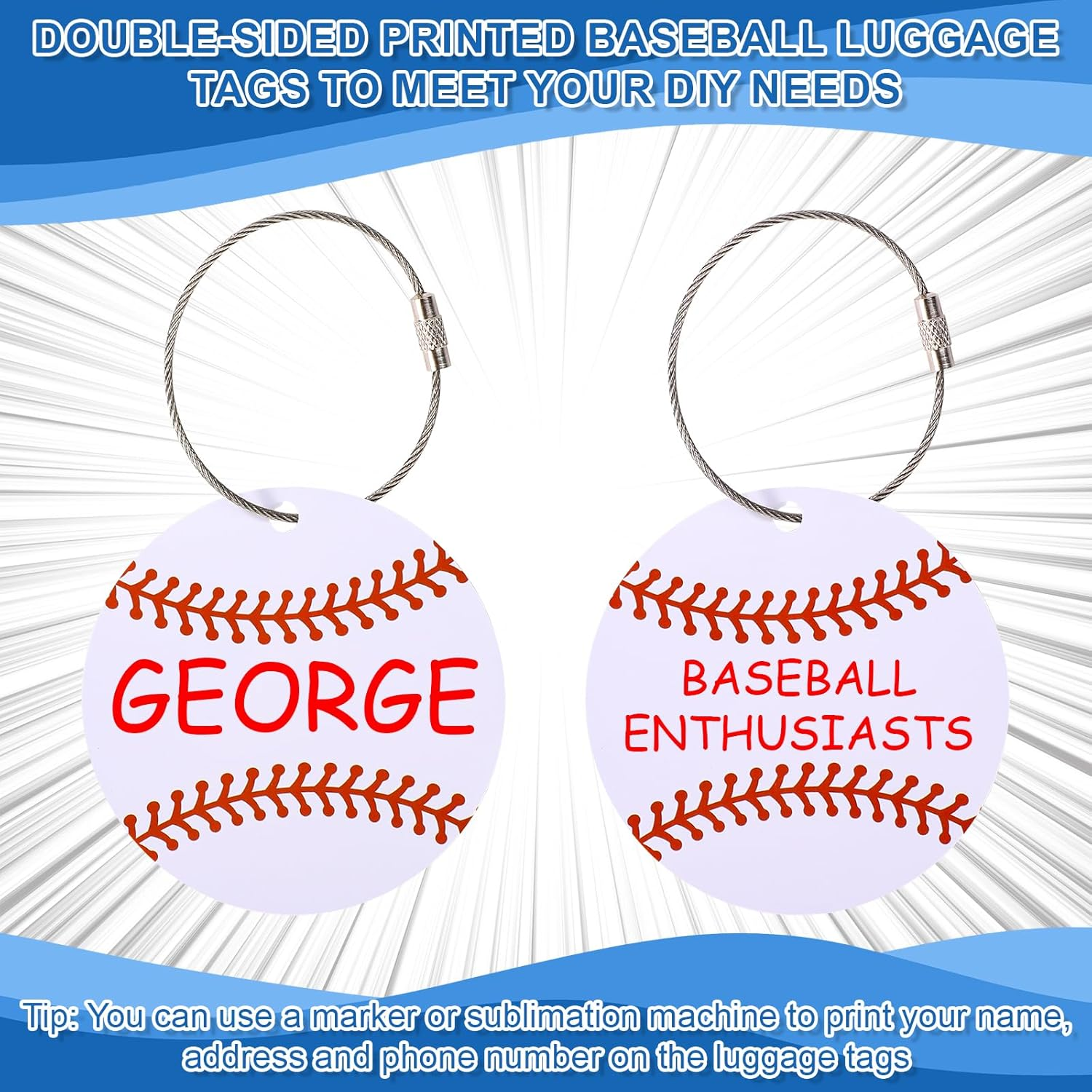 Lyreh 12Pcs Baseball Luggage Tags, 2.76In PVC Name ID Card with Metal Ring Baseball Keychain Personalize Travel Bag Labels for Women Men Suitcases Backpack Sport Team Favors image number 5