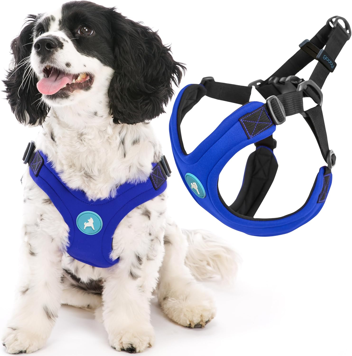Gooby - Comfort X Head-In Harness, Choke Free Small Dog Harness with Micro Suede Trimming and Patented X Frame, Blue, Medium