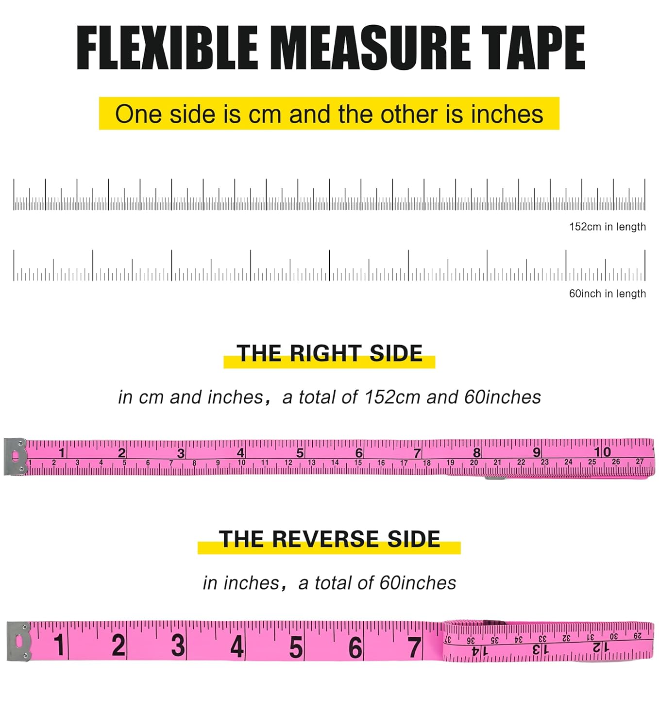 YBVABE Soft Tape Measure 152Cm/60Inch Double Scale Soft Tape Measure Body Sewing Flexible for Weight Loss Medical Body Measurement Sewing Tailor Craft, Has Inches Scale on Reverse Side (White) image number 4
