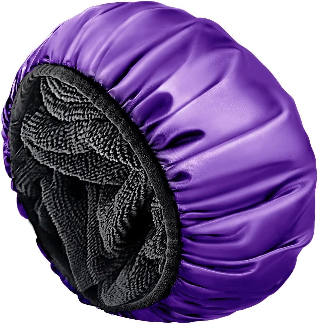 Aquior Shower Cap,Extra Large Triple Layer Bathing Cap with Dry Hair Function for Women Microfiber Terry Cloth Silky Satin 100% Waterproof Reusable Long Hair Bath Caps (Purple) - Blue image number 2