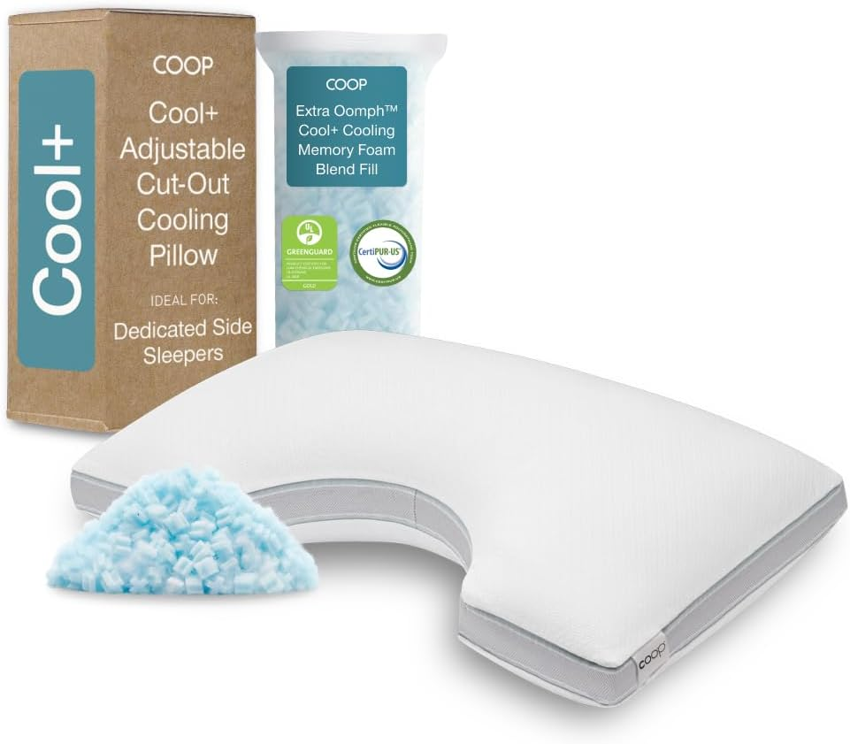 Coop Home Goods Eden Cool+ Crescent Pillow, Queen Size plus Shaped Foam Pillows with Cooling Gel, Back or Side Sleeper Adjustable Neck Support for Sleeping, Certipur US/GREENGUARD Gold (BK4605)