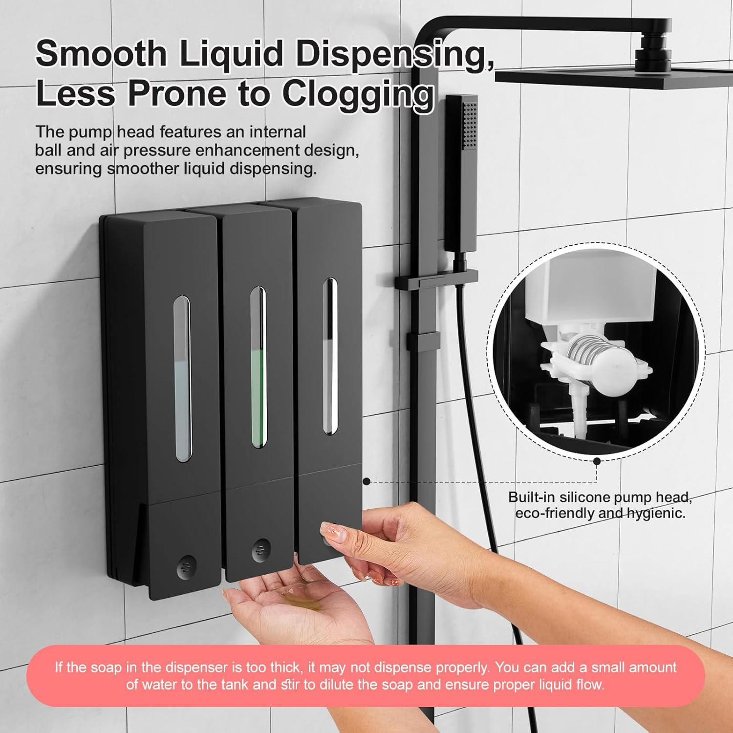 Shampoo and Conditioner Dispenser - Wall-Mounted 3-Chamber Shower Soap Dispenser, No-Drill, Bathroom Soap Dispenser, 1200ML Large Capacity, for Bathroom & Hotel, Black image number 5