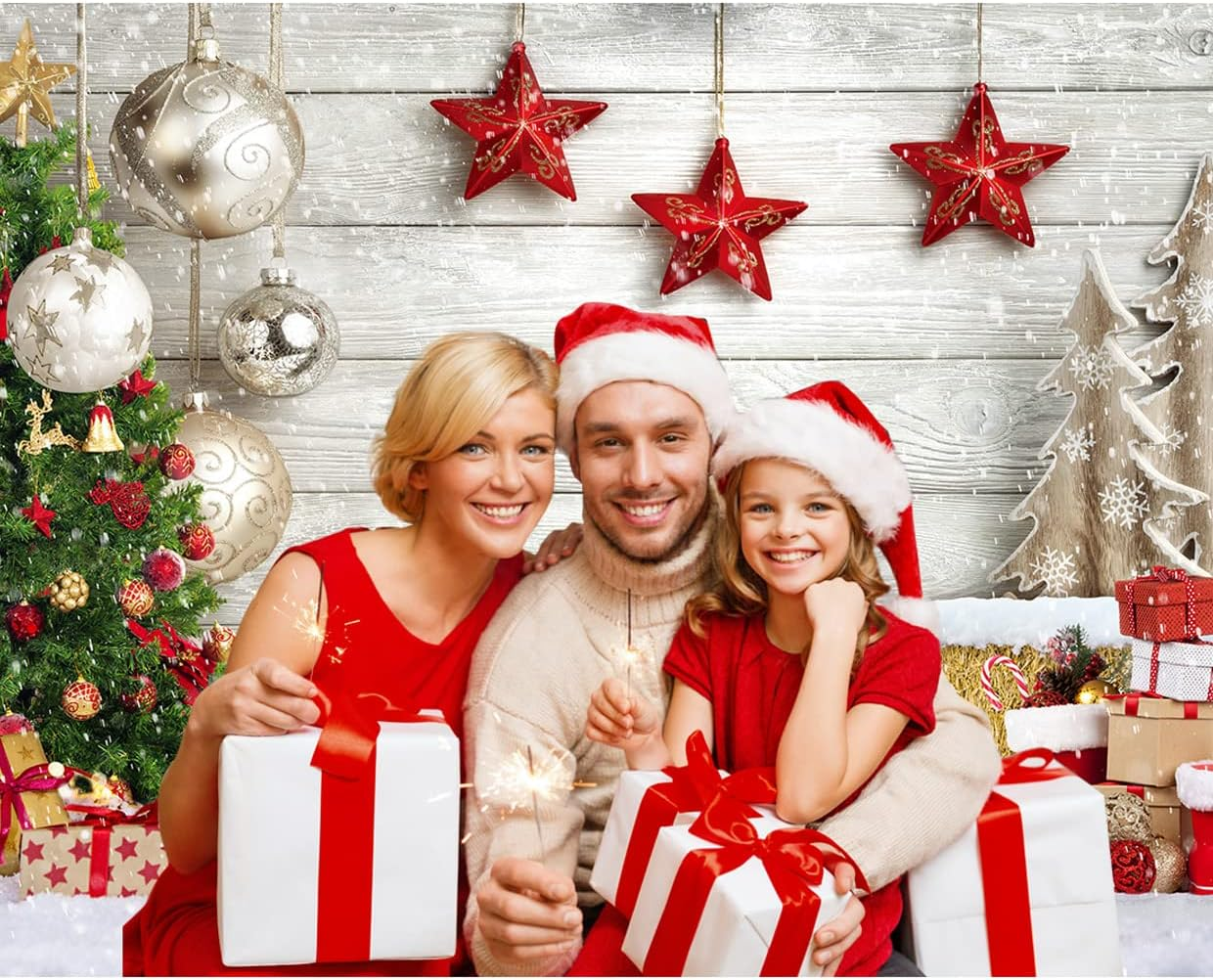 SJOLOON Christmas Backdrop White Wood Floor with Snowflake Backdrop Christmas Tree Gifts Background for Christmas Party Decoration Family Gathering 12392 (10X10Ft)