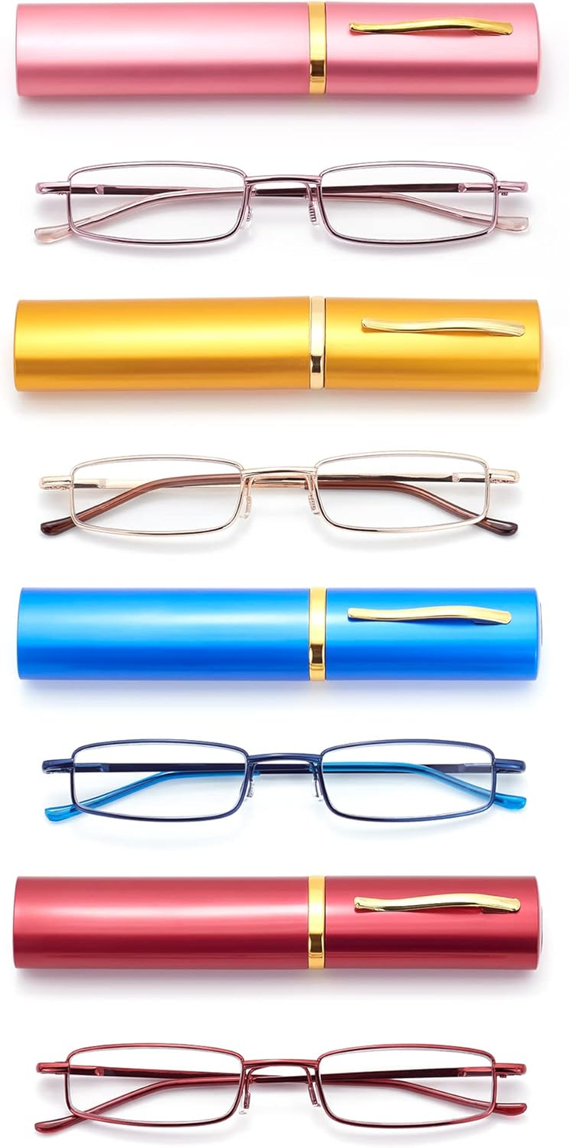 Metal Reading Glasses with Pen Clip Case, Slim Pocket Readers, Clear Lens for Women Men