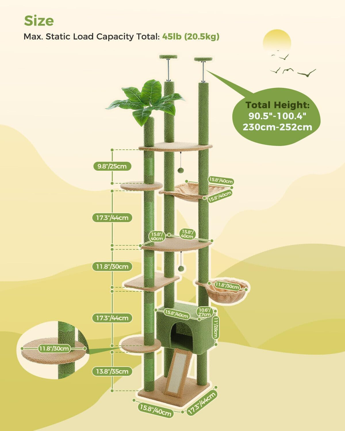 PAWZ Road Cat Tree, Floor to Ceiling Cat Tower Height Adjustable(230-252Cm), Cactus Cat Climbing Tree with Cat Condo, Cozy Hammock and Cat Scratching Posts for Indoor Large Cats, Green image number 1