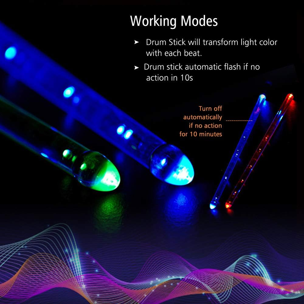 Drumstick, LED Light up Drumsticks Jazz Drum Sticks 15 Gradient Colorful Lights USB Charging with On/Off Switch Drumstick Drum Set Accessories image number 1