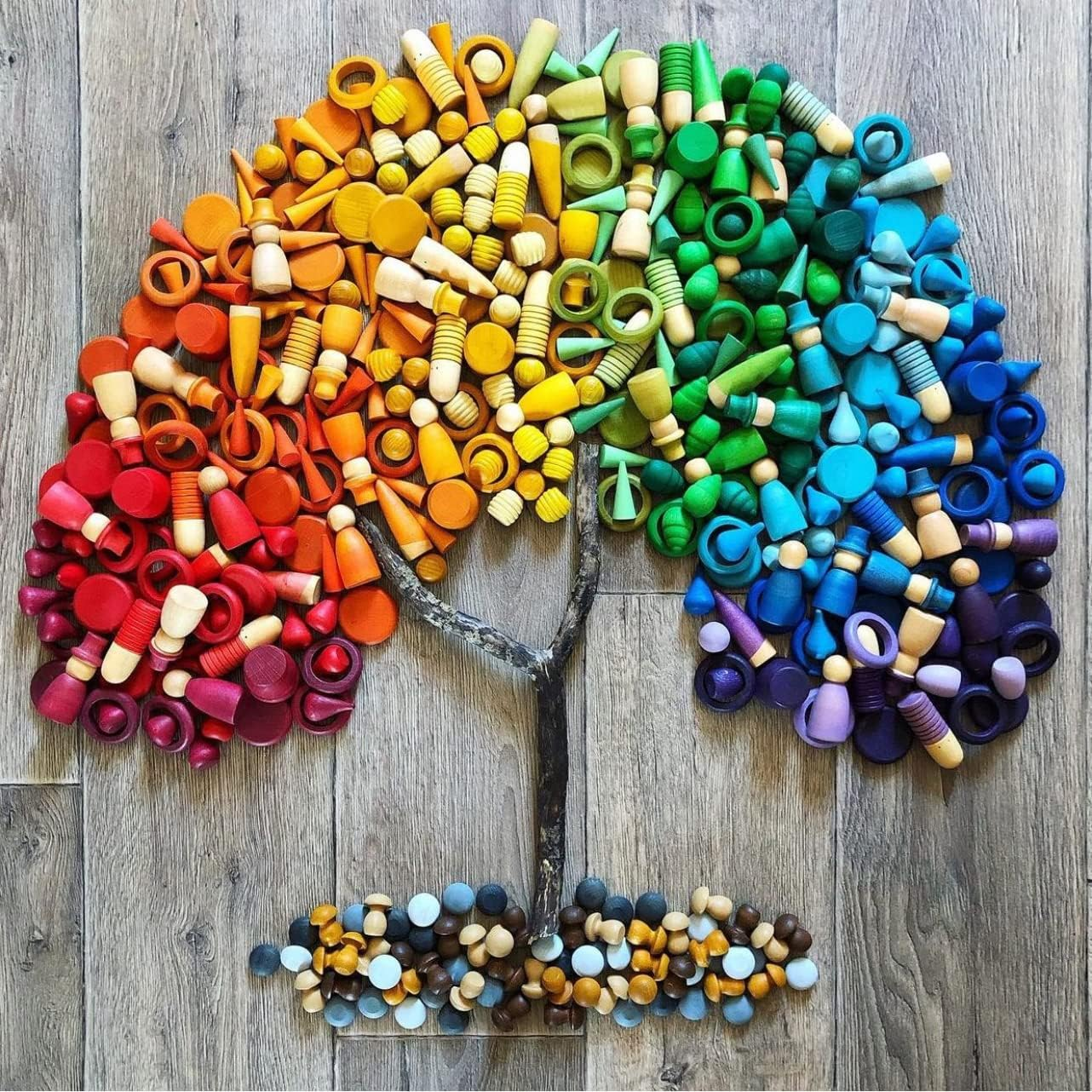 Large Set Full Rainbow Color Style Wooden Loose Parts Sensory Play Toys, Rainbow Mandala Loose Parts 7 Shapes, 27 Colors, Rainbow Stacker Nesting Toys Parts(81 PCS)&hellip; image number 4