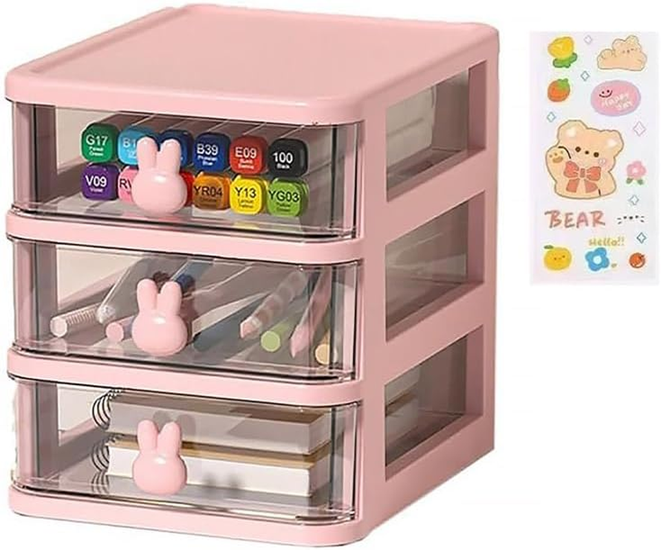AIMALL Bunny Desktop Storage Box &ndash; Transparent Drawer Organizer for Students and Cosmetics, 3-Tier Plastic Finishing Box, 6.69 X 5.28 X 6.3 Inches, Pink/White
