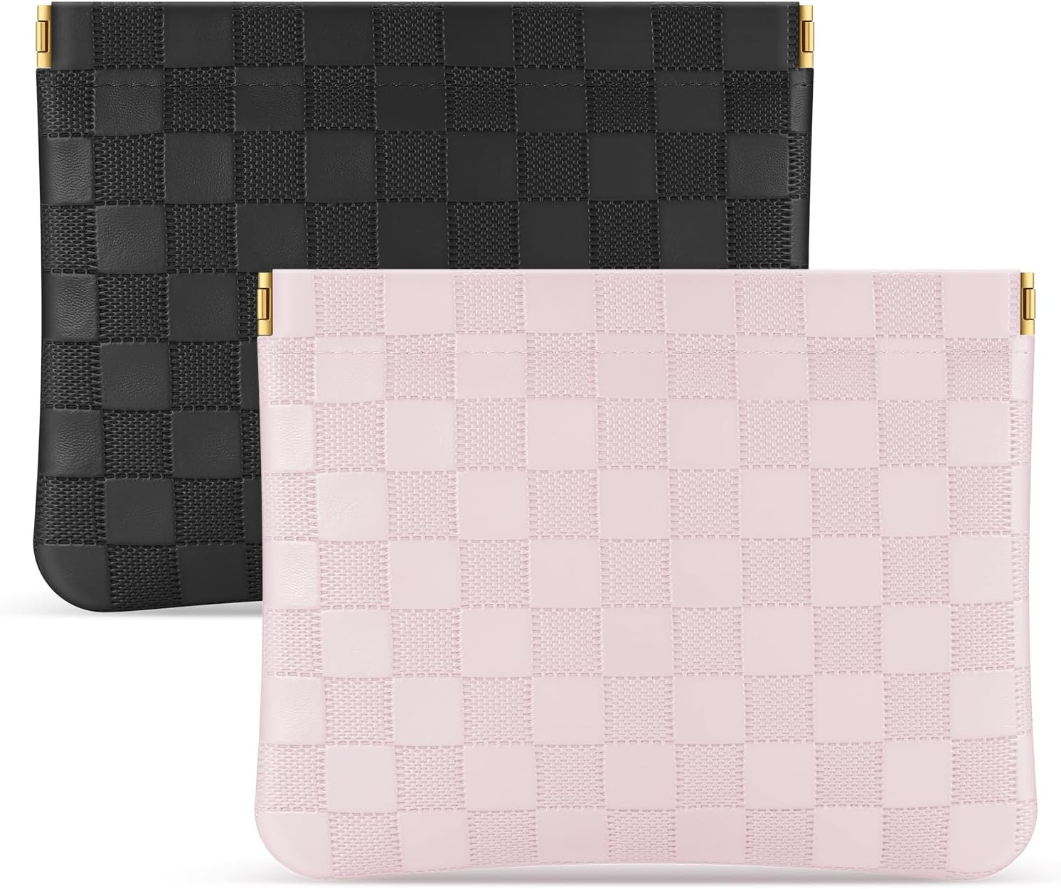 Sightor 2PCS Pocket Cosmetic Bag for Purse, Checkered Makeup Bag Portable Leather Cosmetic Bag for Women, Coin Purse Lipstick Cosmetic Accessories Organizer Travel Cosmetic Pouch, Black, Beige, L,