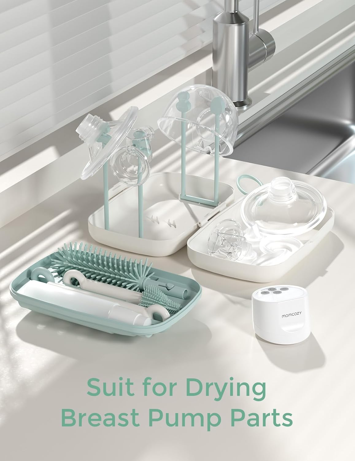 Momcozy Bottle Brush Set - Baby Bottle Cleaner Kit with Silicone Brush, Nipple Brush, Straw Brush, Soap Dispenser, Drying Rack - 7 in 1 Bottle Cleaning Tool for Home and Travel, Green image number 3