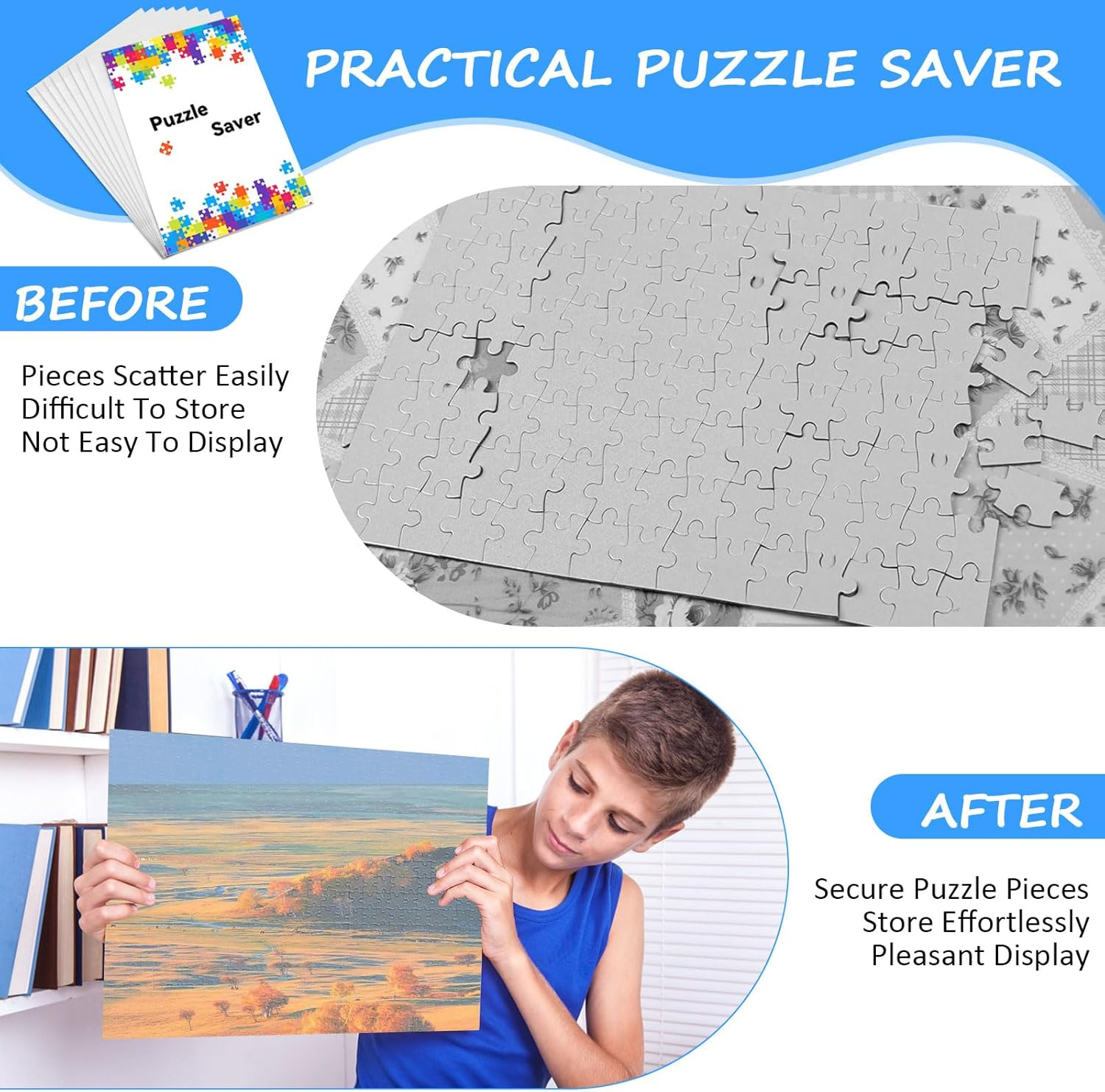 27 Puzzle Saver Sheets & 18 Hooks Peel & Stick Adhesive for Large Puzzles Saver Sheet Jigsaw Puzzle Sticker Sheets Jigsaw Keeper Puzzle Glue Sheet, 21X29Cm image number 1