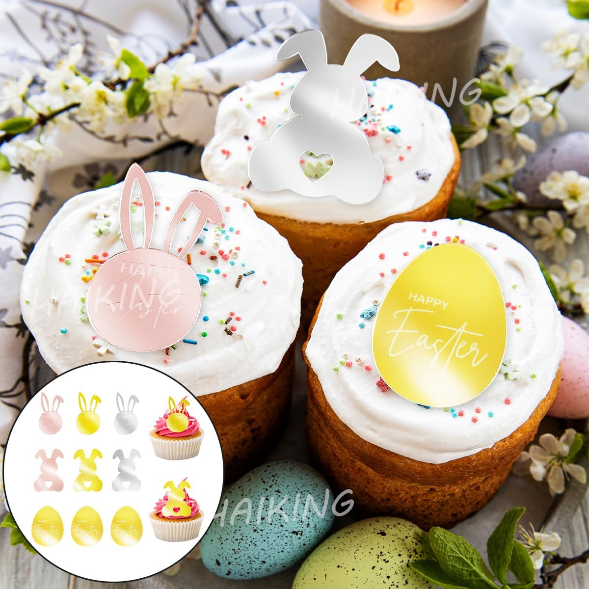 HAIKING Easter Cupcake Toppers, 9 PCS Plastic Mirror Engraved Cupcake Decorations for Easter Day, Party Supplies, DIY Craft (3 Styles) image number 1