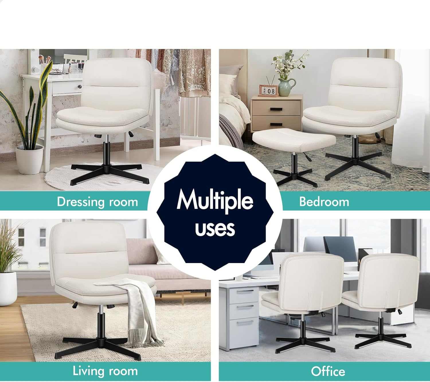 ALFORDSON Criss Cross Desk Chair with Ottoman Stool Pax Series, Cross Leg Office Chair with Mid-Back, Tilt, Height Adjust and Swivel, Armless Ergonomic Gaming Chair, 180Kg Capacity, Fabric Beige image number 2