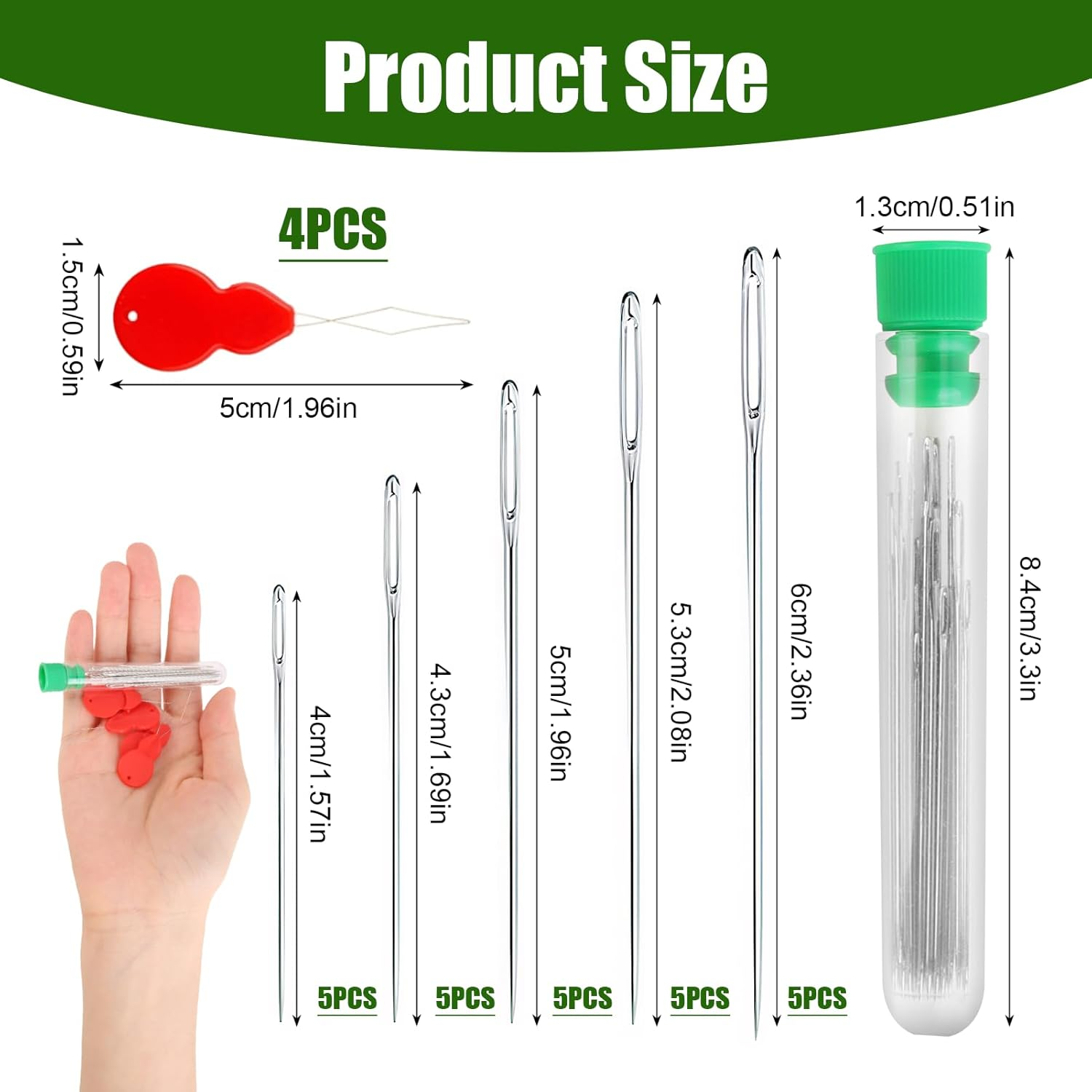 25 Pcs Sewing Needle Set with 4 Threaders - Stainless Steel Large-Eye Hand Needles (5 Sizes,4-6Cm) for Knitting, Embroidery, Mending & Quilting - Includes Clear Plastic Storage Bottle image number 2