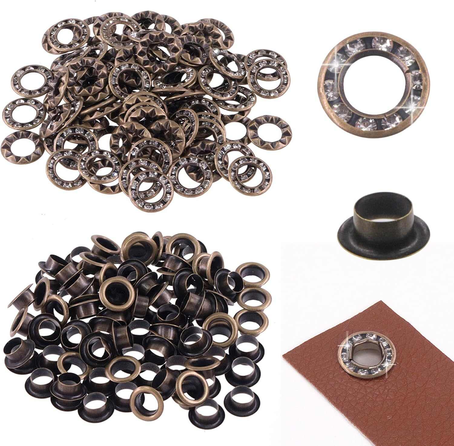 Rustark 100Pcs Gold 1/4 Inch Rhinestone Eyelet Grommet Eyelets and Grommets with Sparkling Design Metal Eyelet with Washer Hole Punch Shiny Rhinestone Boot Eyelet for Clothing Crafts DIY Projects