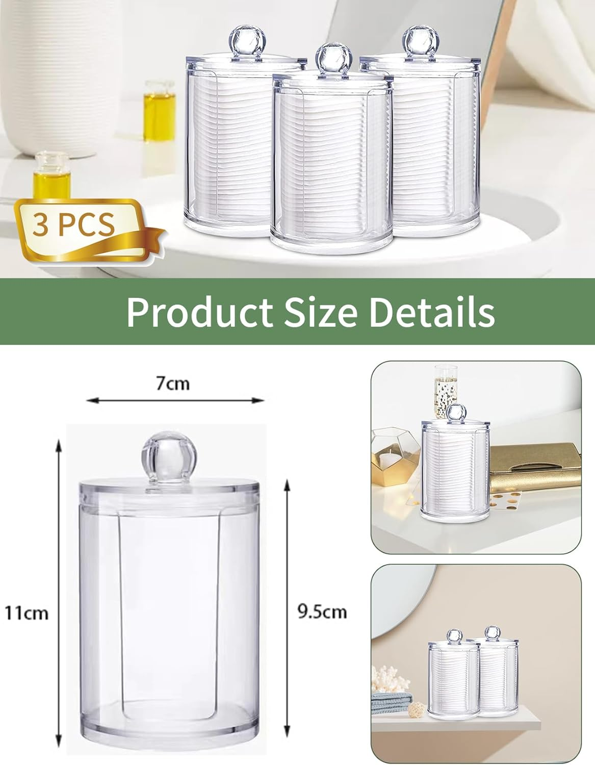 3 Pack Qtip Holder Dispenser Kit for Cotton Ball round Pads, Clear Plastic Jars Set, Jars with Lids for Bathroom Organization, 10 Oz Holder Storage Canister Acrylic Jars, Bedroom Accessories image number 4