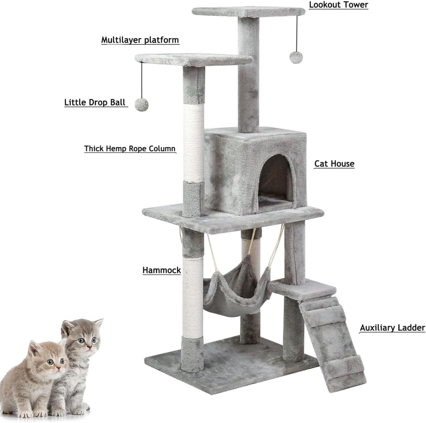 Cat Tree Tower, Cat Condo with Sisal Scratching Post, Activity Centre Cat Climbing Tree with Cat House, Hammock, Sisal Posts, Ladder, and Rest Place for Kitty Kitten (120&times;54&times;30Cm) image number 6