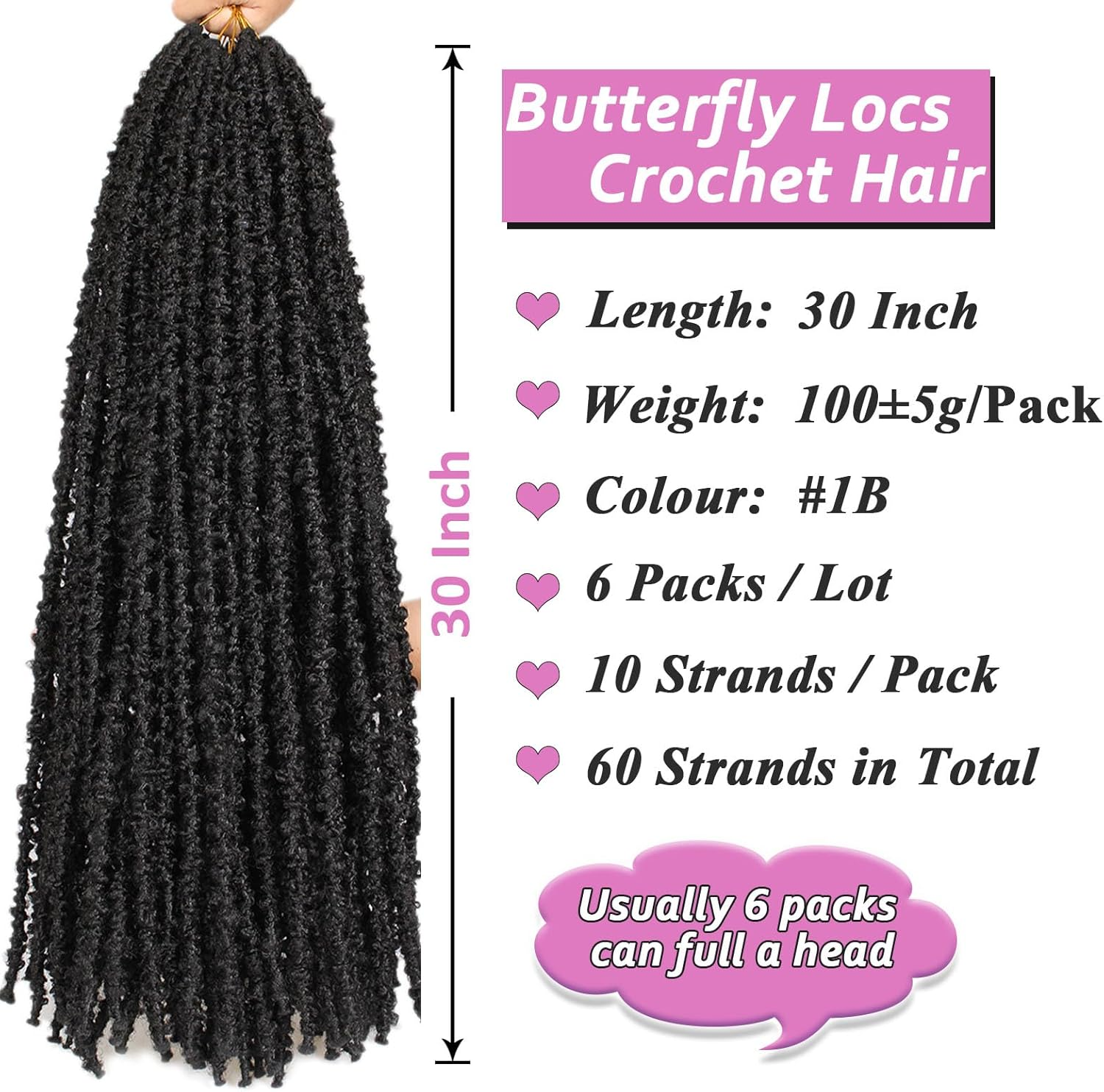 Samtress Long Distressed Locs Crochet Braids 30 Inch Black Butterfly Faux Locs Crochet Hair 6 Packs Pre Looped Soft Locs Crochet Braids Hair Extensions for Women (#1B) image number 4