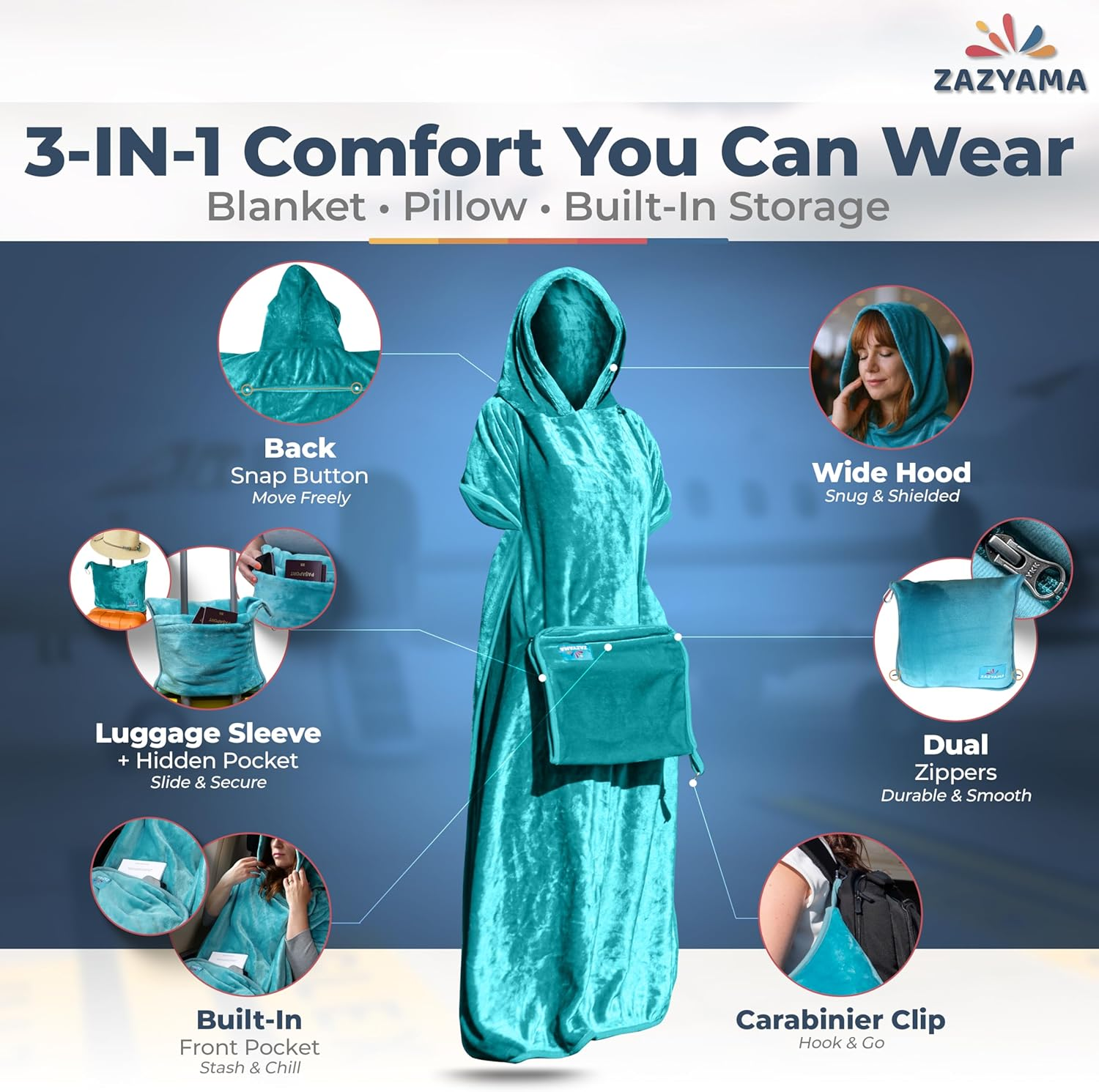 ZAZYAMA 3-In-1 Travel Blanket Airplane &ndash; Compact with Bag & Pillow Combo Set, Ultra-Soft Fleece | Packable Blanket Compact | Hidden Pocket | Trolley Sleeve | Carabiner | Travel Essentials (Aqua Teal) image number 1