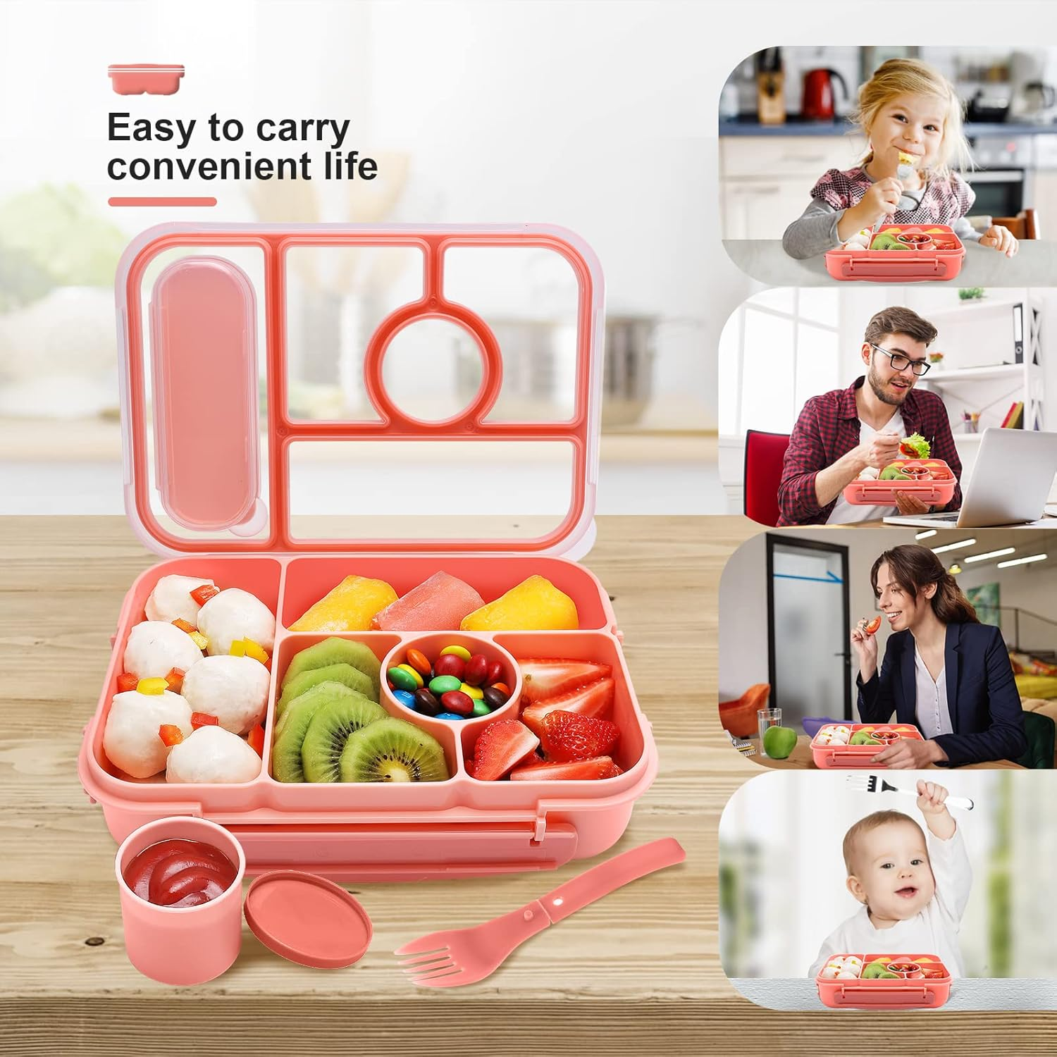 Bento Lunch Box Kids,Leakproof Lunch Containers for Adults/Kids/Toddler,5 Compartments Bento Box with Sauce Vontainers,Microwave & Dishwasher & Freezer Safe,Bpa-Free (Pink) image number 2