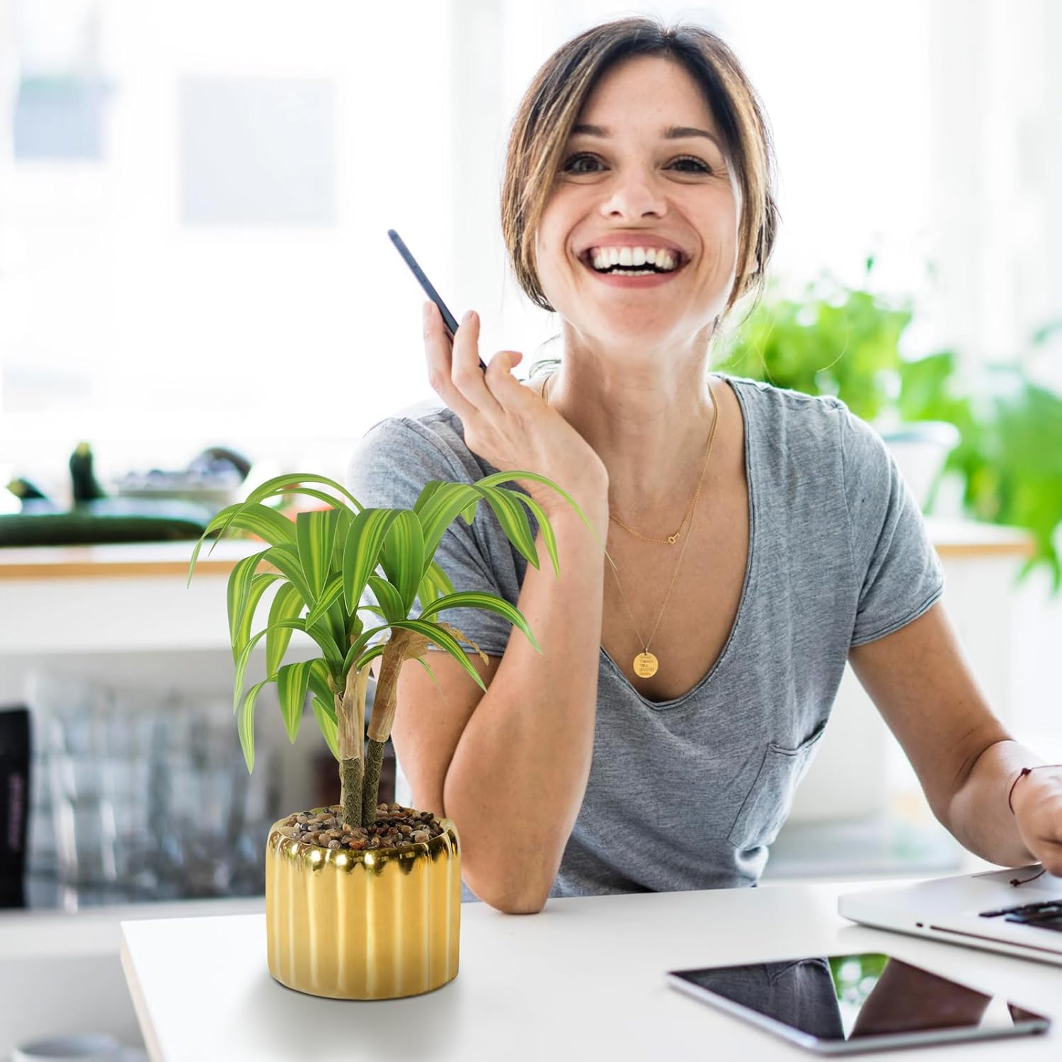 2 Pcs Artificial Dracaena Plant Golden Ceramic Pot Realistic Textured Faux Plants for Indoor Outdoor Fake Greenery Home Office Decor with Lifelike Foliage image number 4