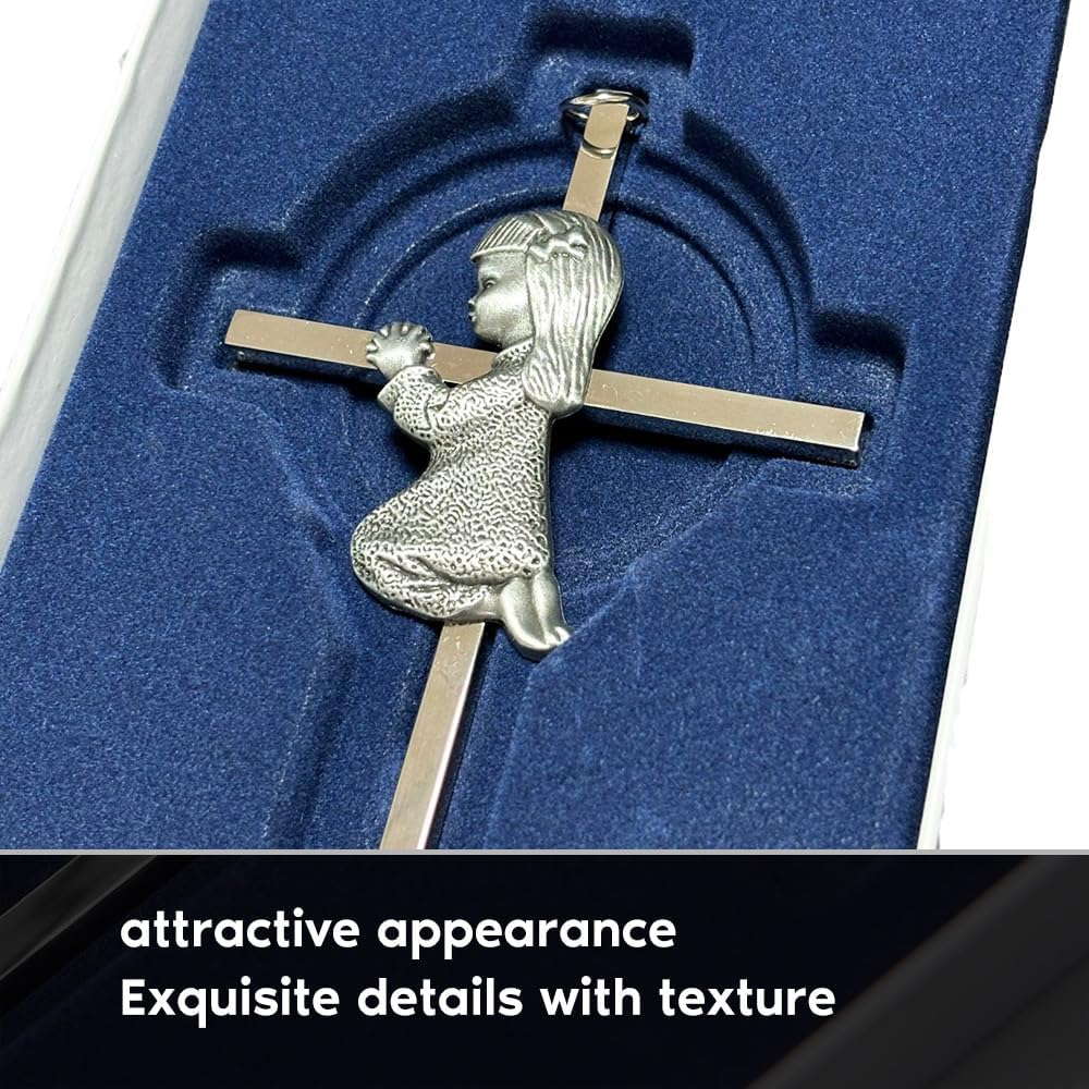 Silver Girl Wall Cross,Praying Boy Plaque Wall Decor Cross,Great for Baptism,Birthday and Christening (Girl) image number 1