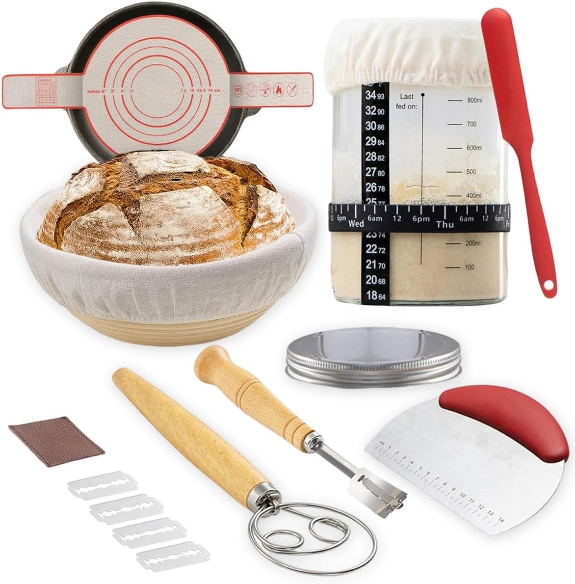 9SHOME Complete Sourdough Bread Starter Kit, 9 Inch round Banneton Proofing Basket, Bread Baking Supplies with 32Oz Sourdough Jar, Dough Whisk, Scraper & Bread Lame, Spatula, Silicone Mat image number 4