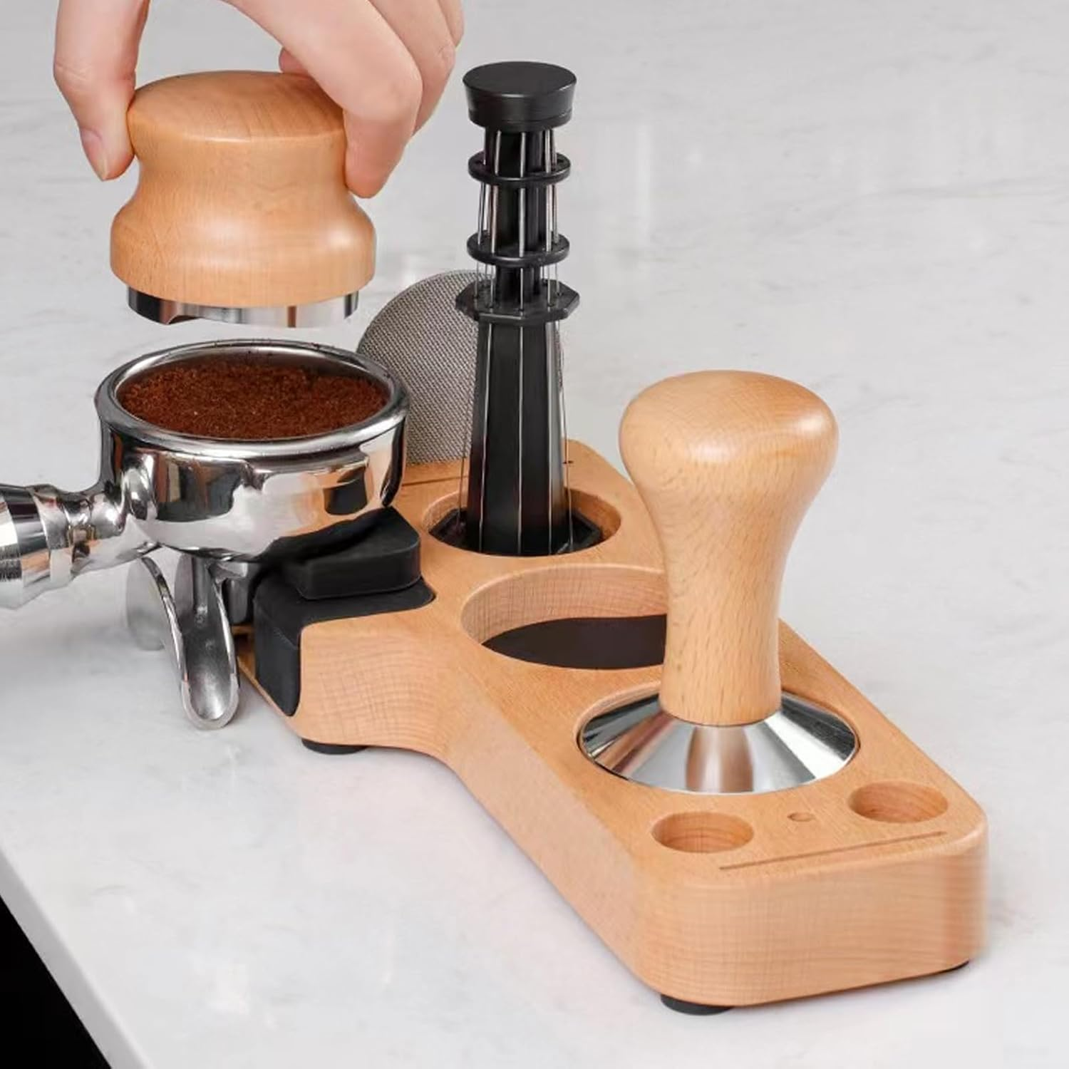 Espresso Tamping Station, Wooden Coffee Tamper Holder Station, Wooden Coffee Tamper Station Base with Space Saving, anti Slip Bottom, Wooden Coffee Tamper Stand for Countertop